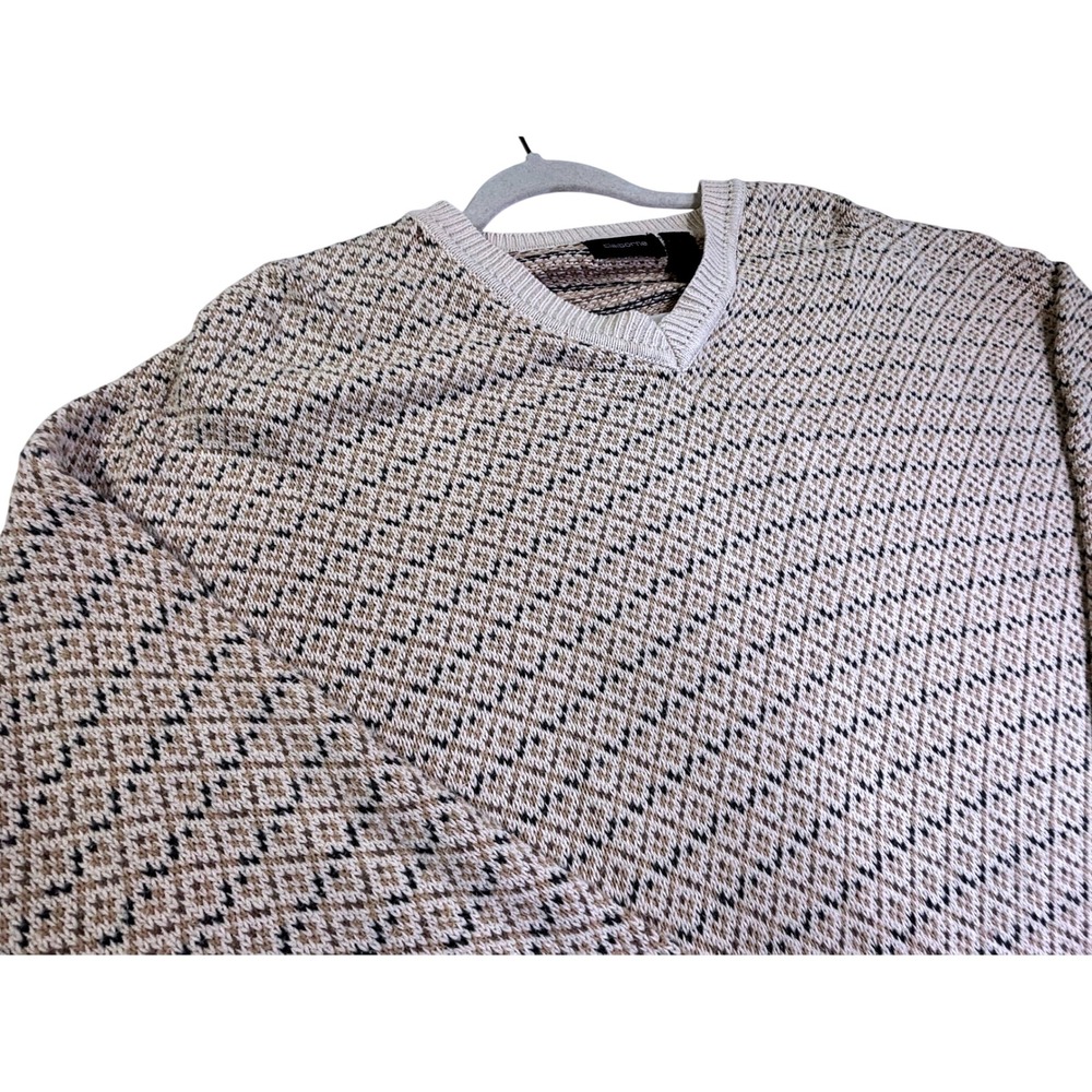 Claiborne Mens V-Neck Cotton Sweater Large Beige Tan Geometric Knit Pullover